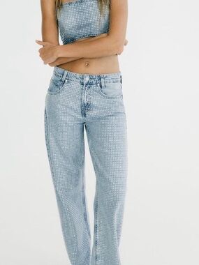Zara Light Blue Straight Leg Jeans with rhinestones